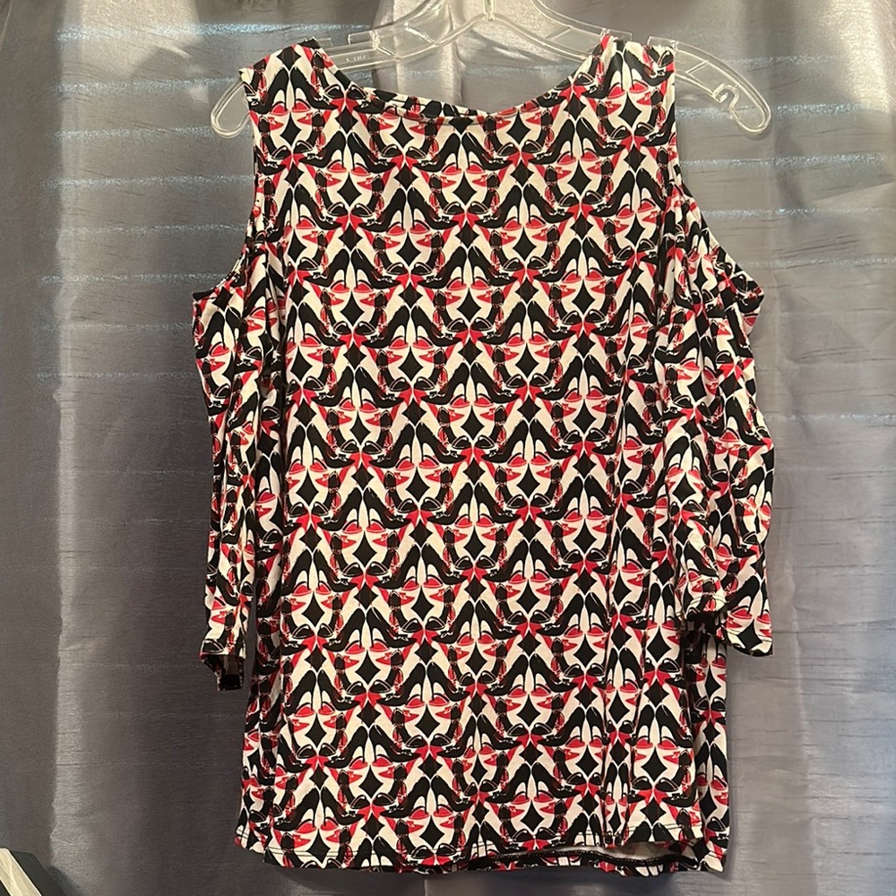 Chico's Graphic Red and Cream Cut-Out Blouse